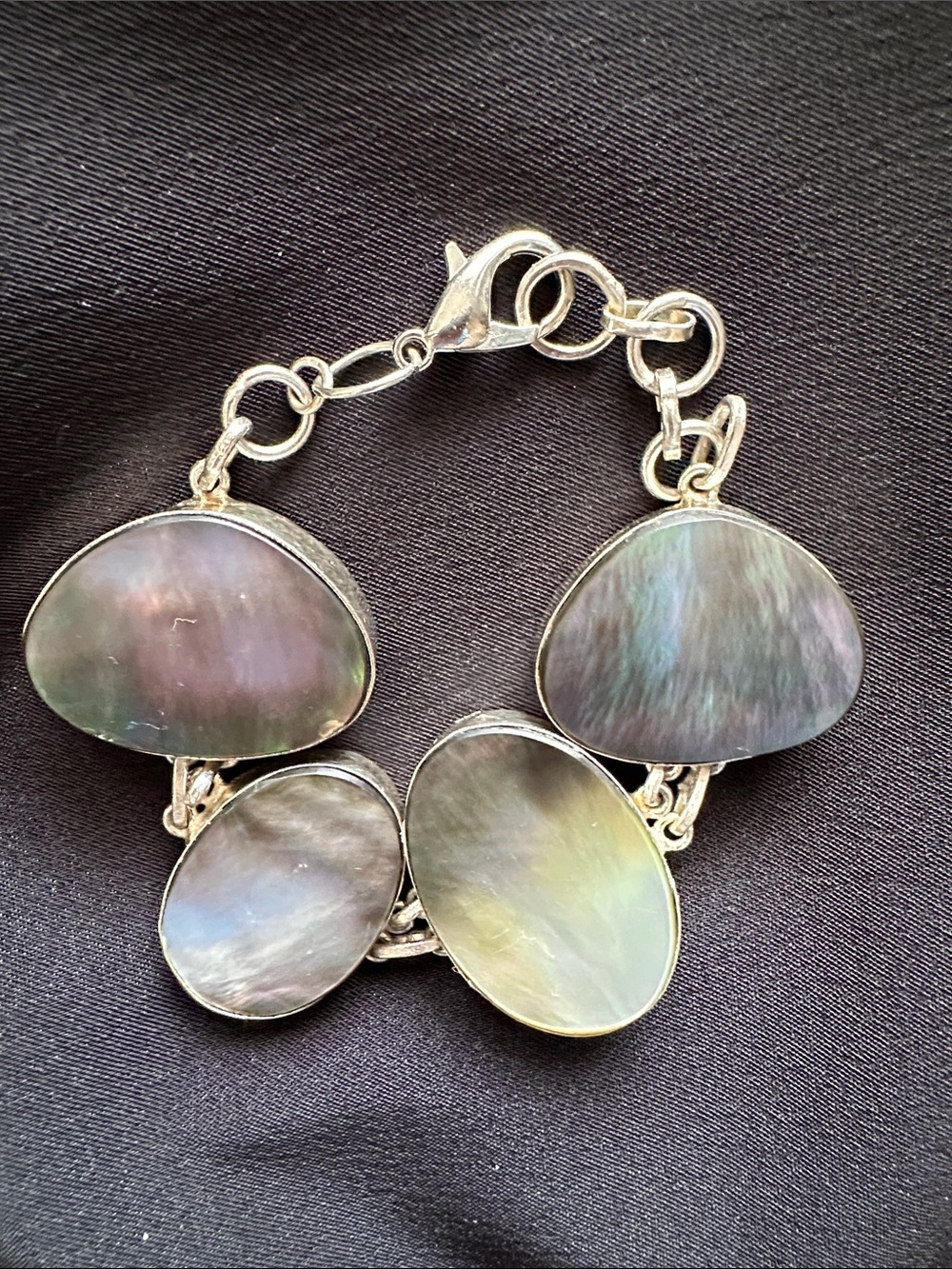 Mother of pearl EUC bracelet set in silver plating. 4 large organic MOP gemstone